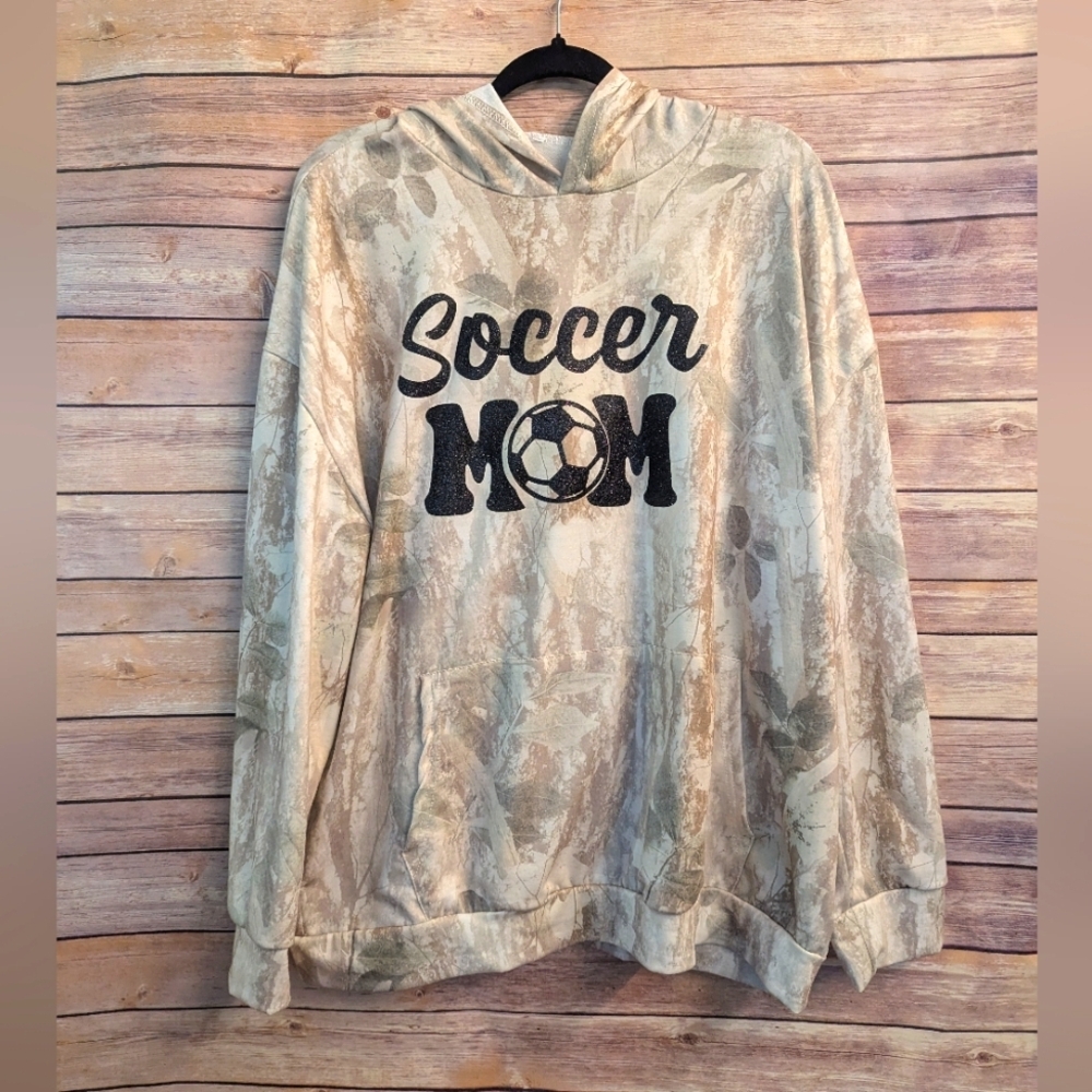 NWTs, Glitter, Soccer Mom Hoodie in Camo. Soccer Mom